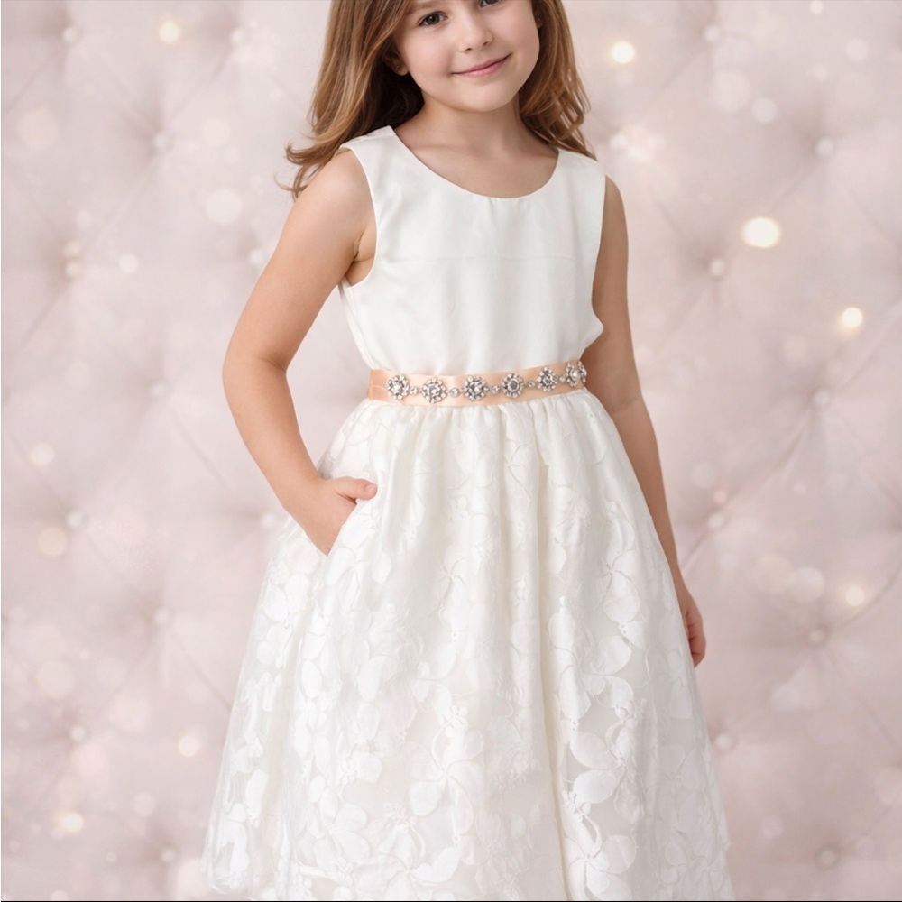 Charming Ivory lace Floral Kids Dress with Peach sash.